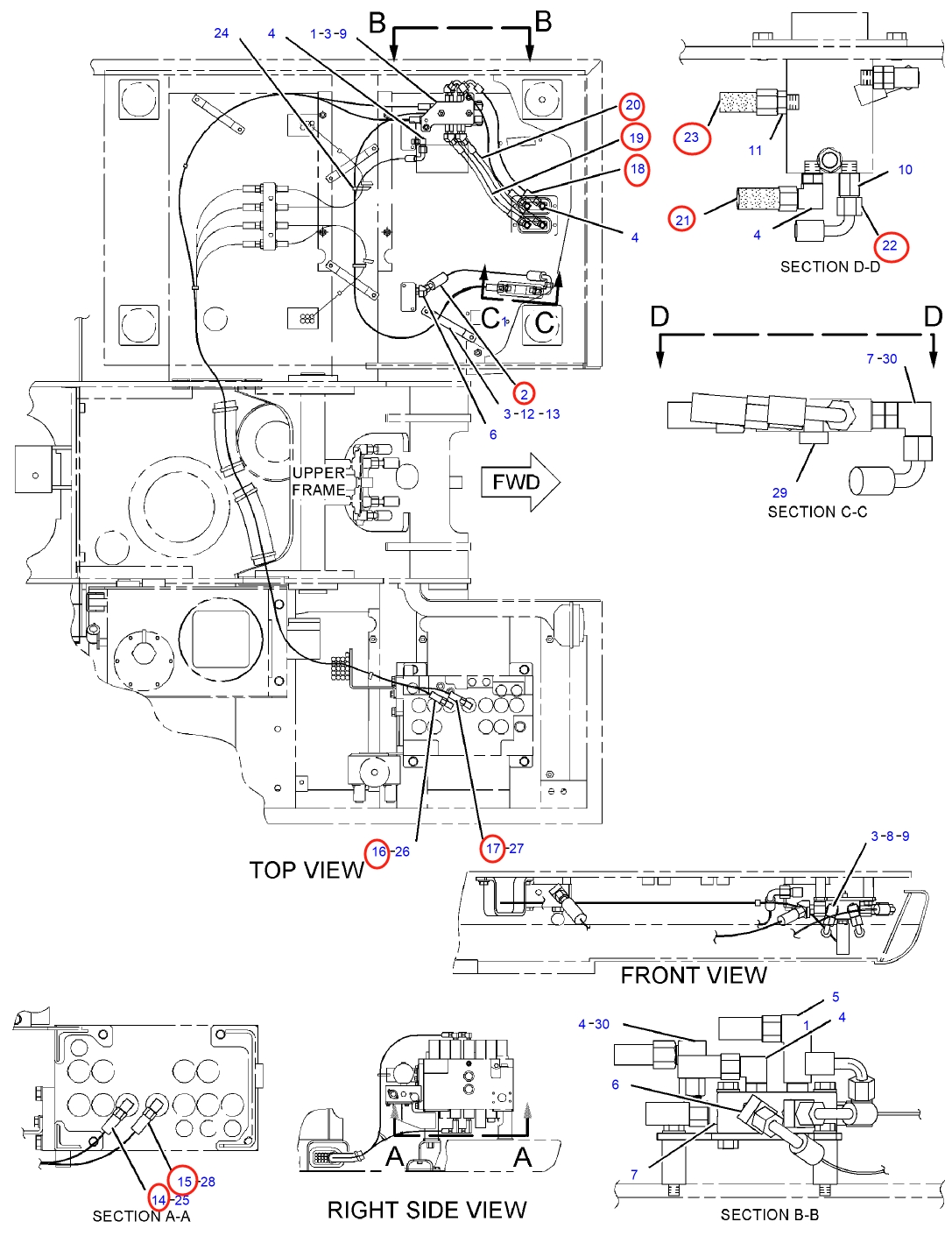 Caterpillar CAT®311C installation diagram showing hydraulic hose 4I-6136 at Pipe No. 21