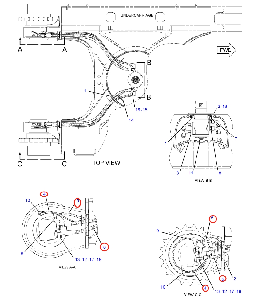 Caterpillar CAT®318D2 L installation diagram showing hydraulic hose 187-5915 at Pipe No. 4