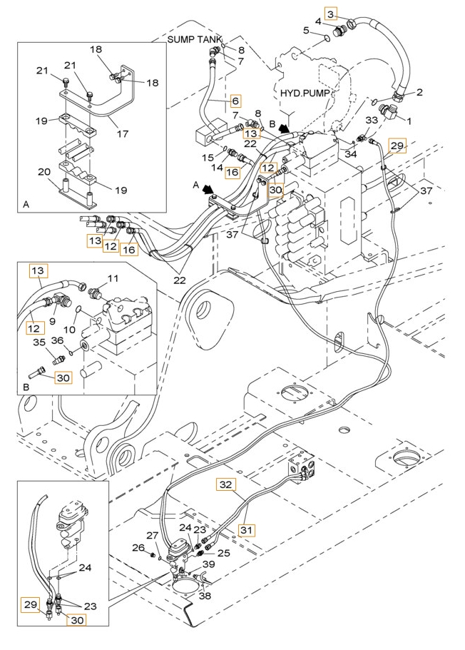 Case CX230B installation diagram showing hydraulic hose KHJ12230 at Pipe No. 29