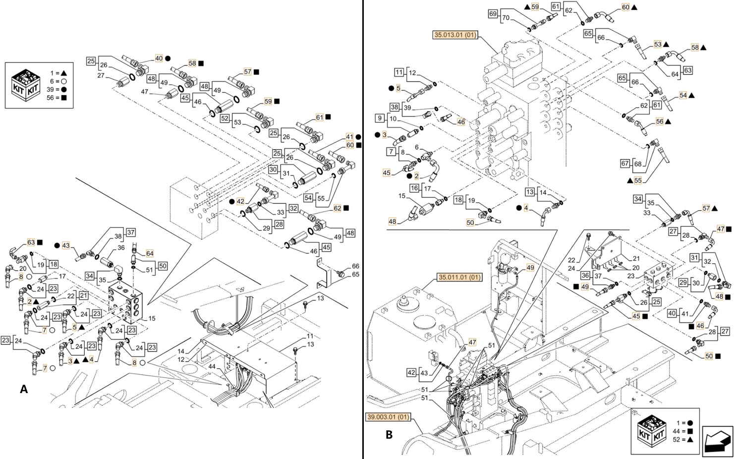 Case CX350C LC installation diagram showing hydraulic hose 163258A1 at Pipe No. A59-B55