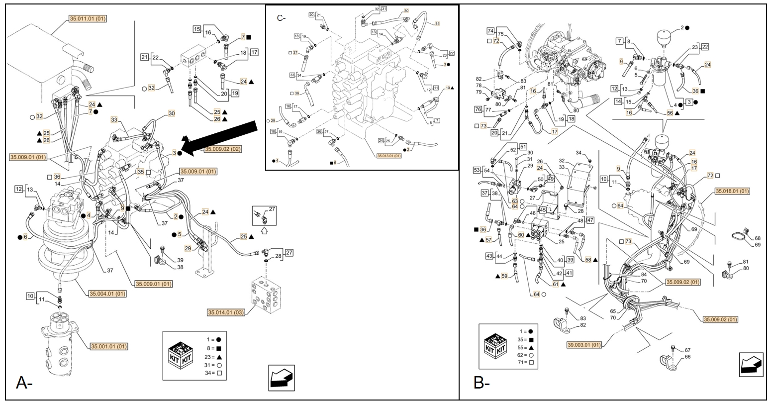 Case CX130C installation diagram showing hydraulic hose KHJ2097 at Pipe No. A58-B4-C4