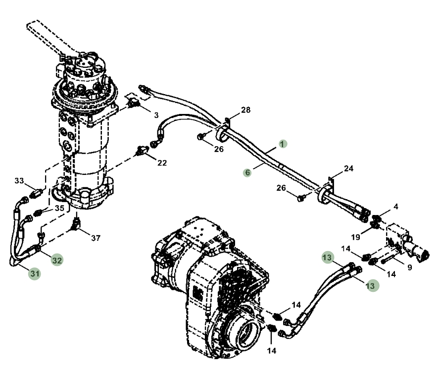 Hitachi ZX190W-5N installation diagram showing hydraulic hose 4436269 at Pipe No. 31