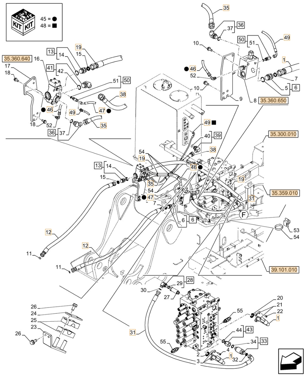 Case CX210D LC installation diagram showing hydraulic hose KRJ11540 at Pipe No. 35