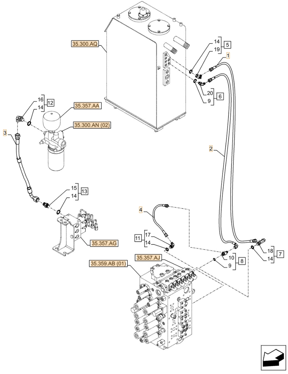 Case CX300D NLC installation diagram showing hydraulic hose KHJ2036 at Pipe No. 2