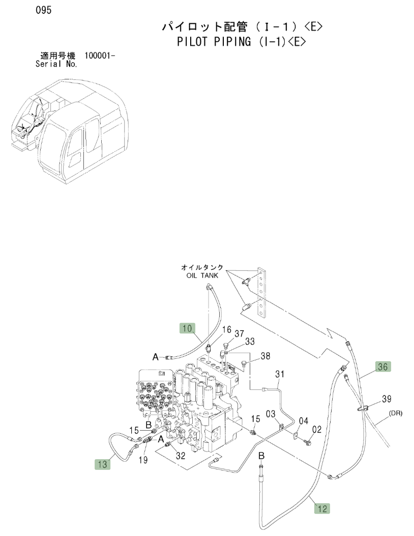 Hitachi ZX225USLC installation diagram showing hydraulic hose 4427351 at Pipe No. 13