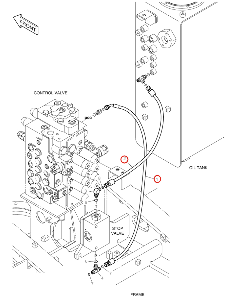 Doosan DX160LC-3 installation diagram showing hydraulic hose DS2119105 at Pipe No. 2