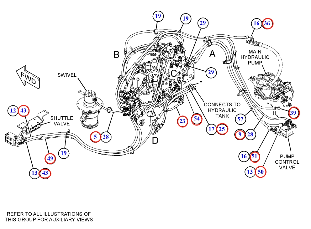 Caterpillar CAT®318F installation diagram showing hydraulic hose 340-2962 at Pipe No. 49