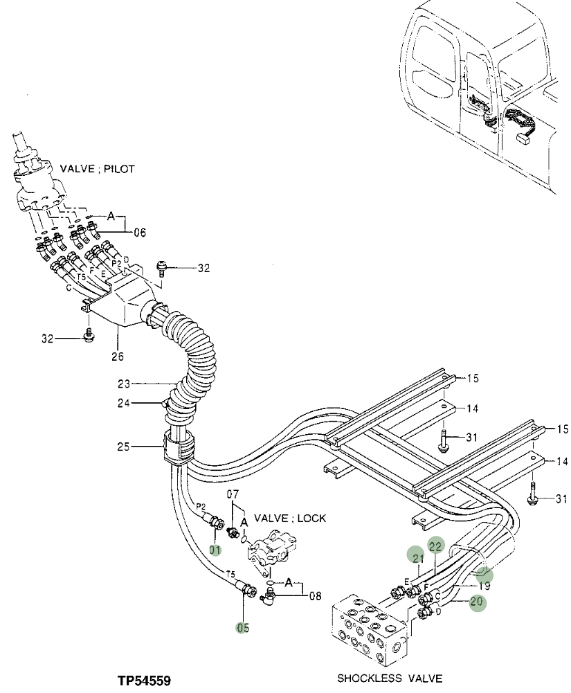 Hitachi EX110-5 installation diagram showing hydraulic hose 4346001 at Pipe No. 20
