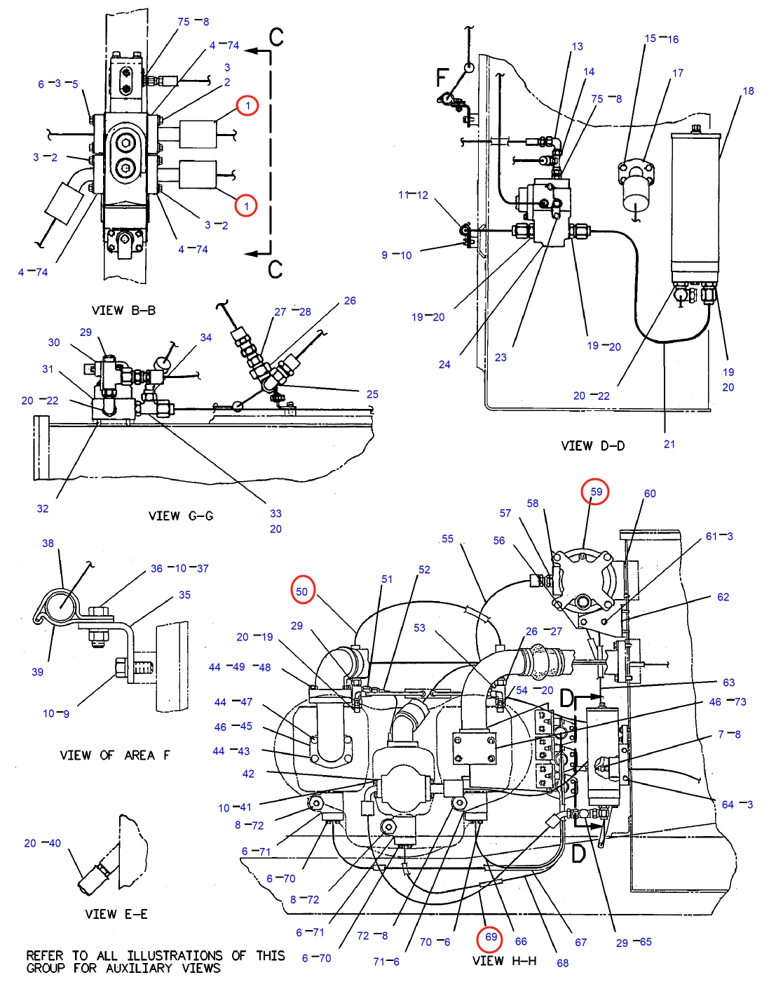 Caterpillar CAT®245D installation diagram showing hydraulic hose 7V-4304 at Pipe No. 50