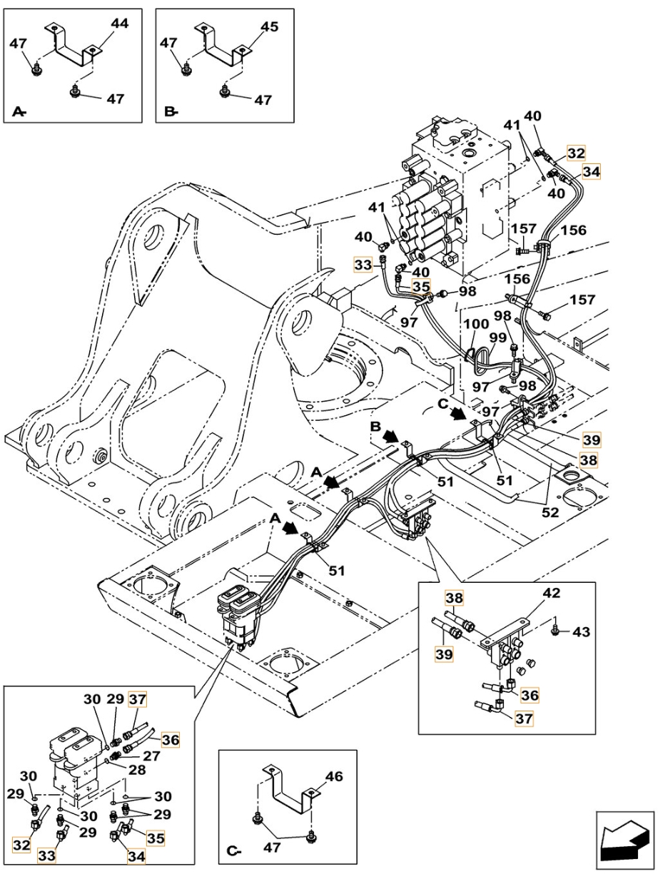 Case CX210C LC installation diagram showing hydraulic hose KHJ2092 at Pipe No. 36