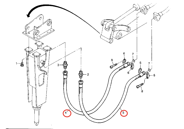 Caterpillar CAT®212B installation diagram showing hydraulic hose 8U-7538 at Pipe No. 4