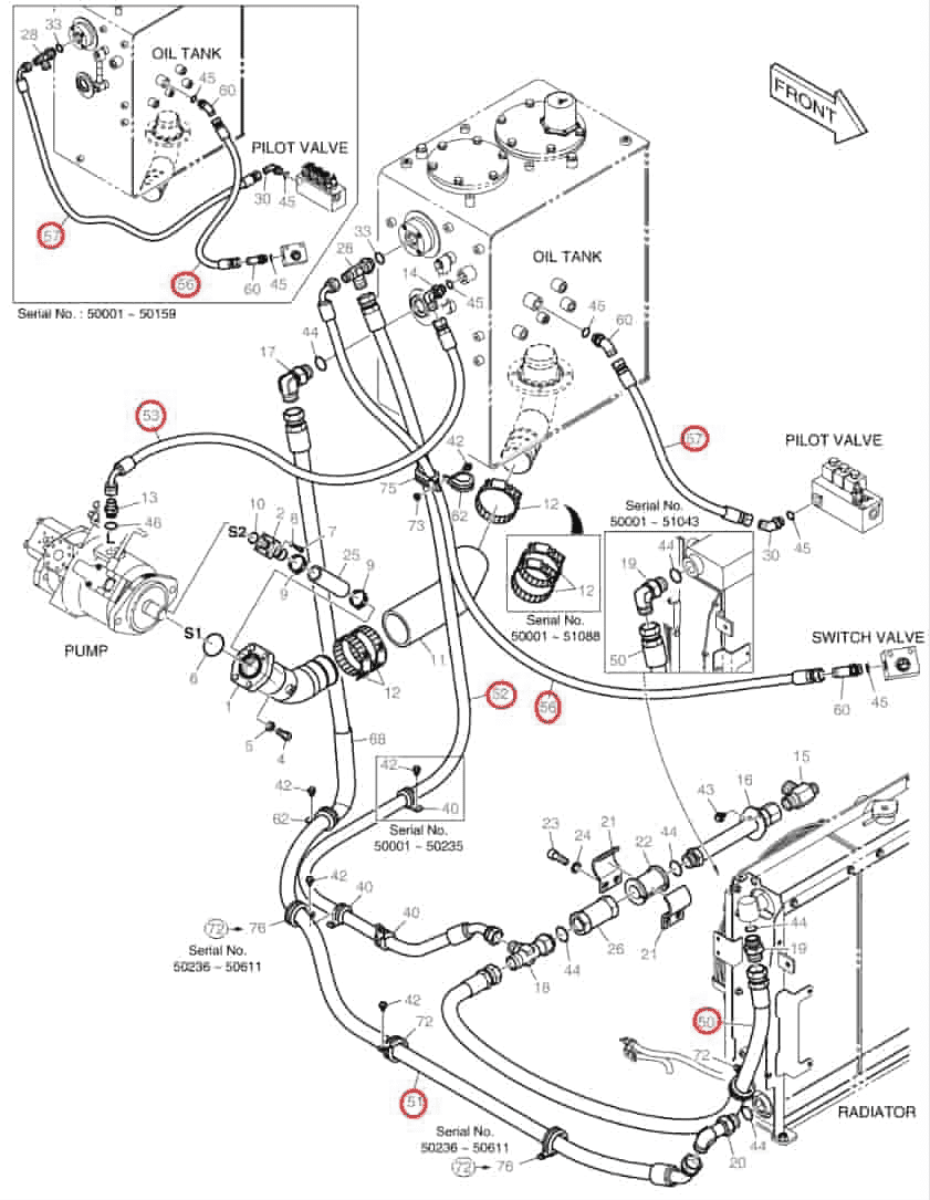 Doosan DX80R installation diagram showing hydraulic hose DS2055898 at Pipe No. 56