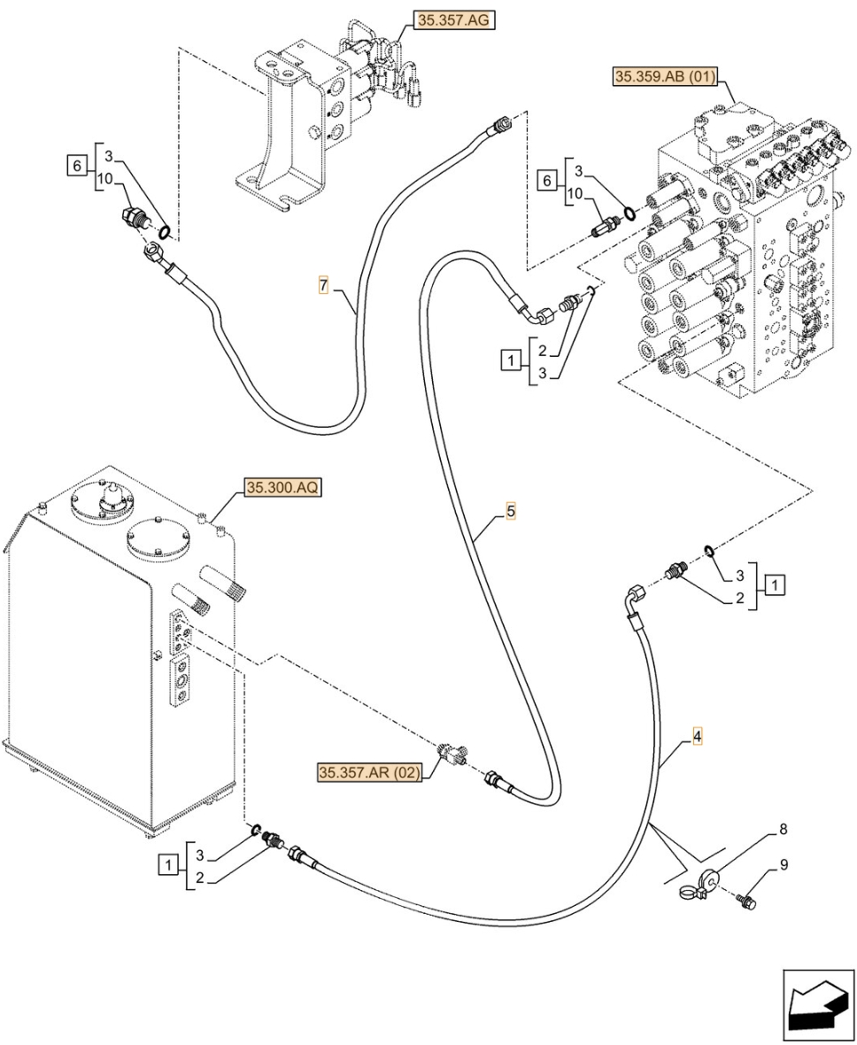 Case CX300D LC installation diagram showing hydraulic hose KHJ2309 at Pipe No. 5