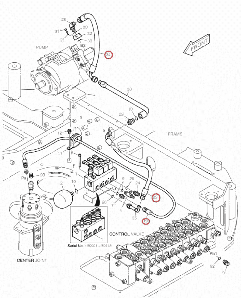 Doosan DX80R installation diagram showing hydraulic hose DS2094044 at Pipe No. 19