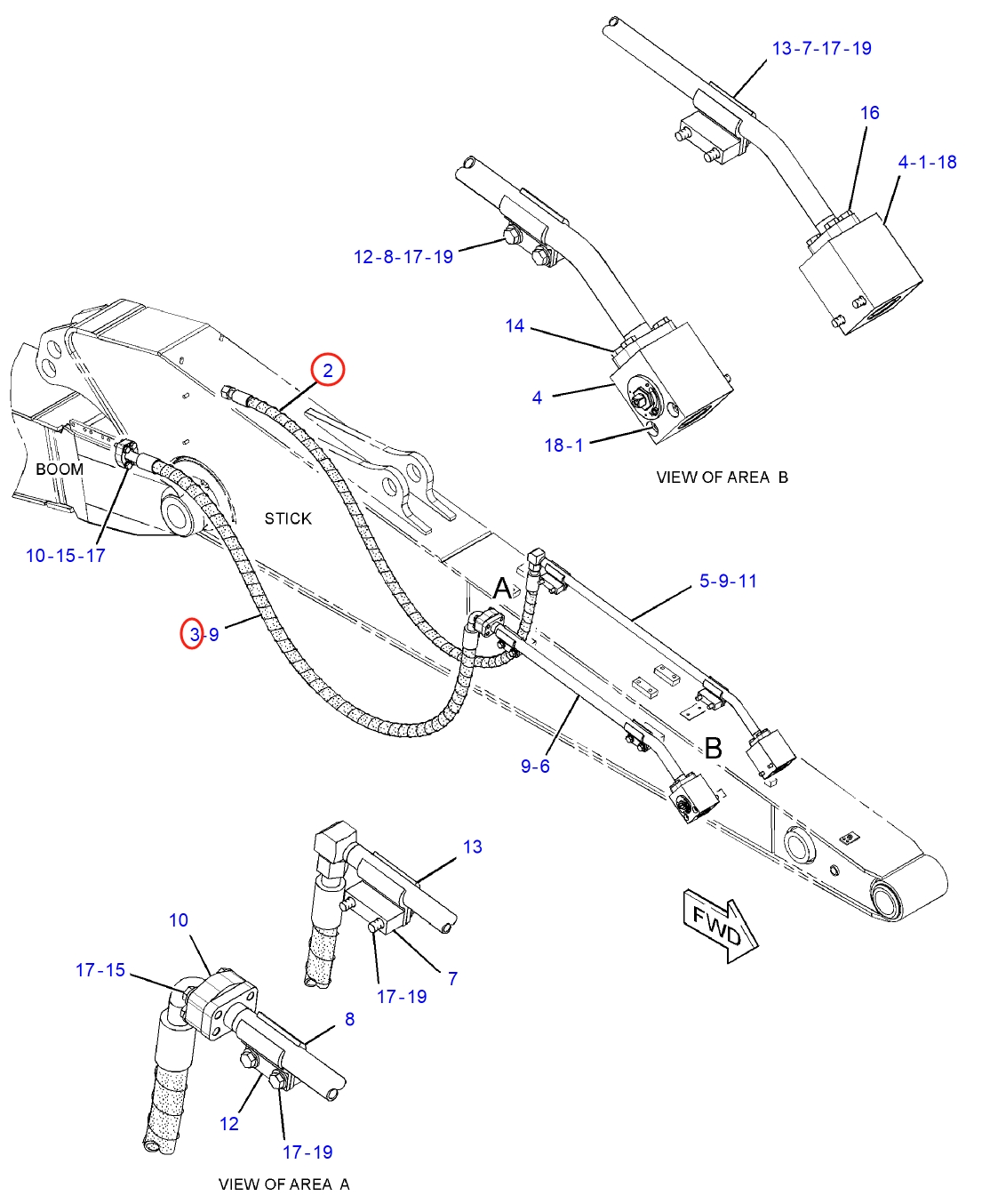 Caterpillar CAT®313F L installation diagram showing hydraulic hose 241-5149 at Pipe No. 2
