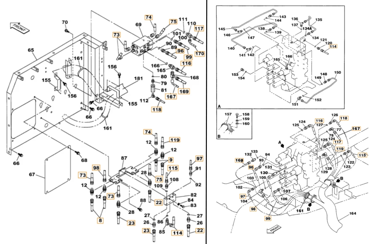 Case CX230 installation diagram showing hydraulic hose 159071A1 at Pipe No. 98