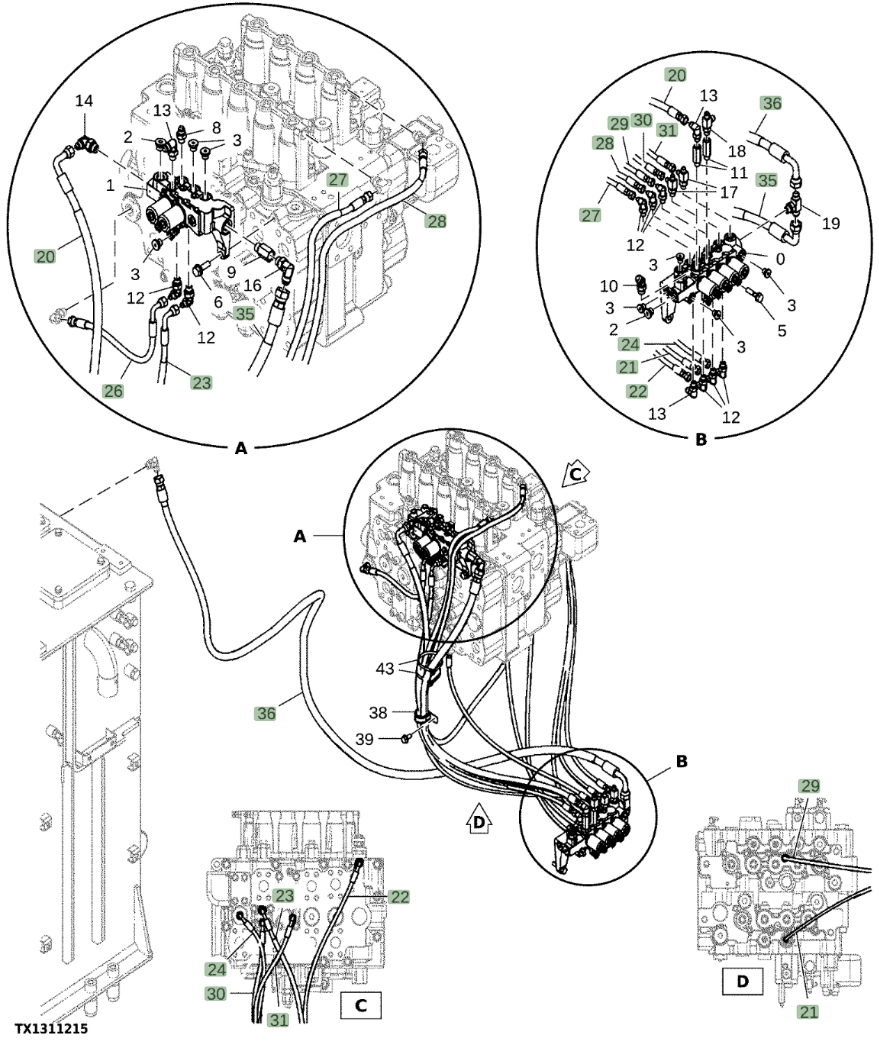 Hitachi EX1200-7 installation diagram showing hydraulic hose 4298000 at Pipe No. 21