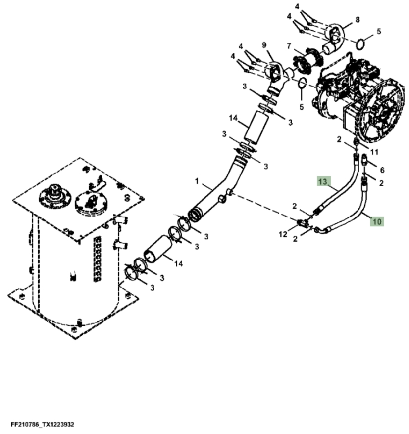 Hitachi ZX310F-FE-6N installation diagram showing hydraulic hose 4644625 at Pipe No. 10