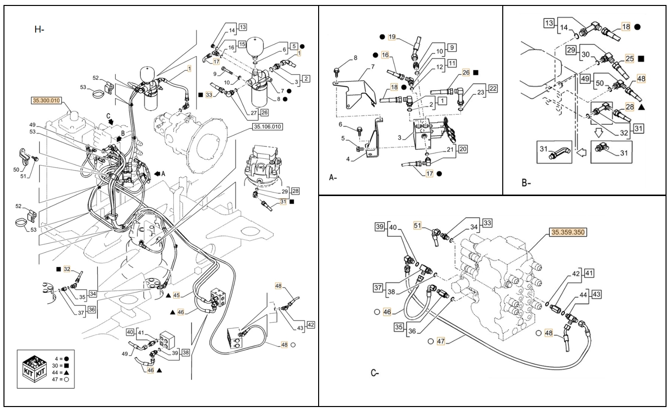 Case CX80C installation diagram showing hydraulic hose KHJ2107 at Pipe No. B25-H45