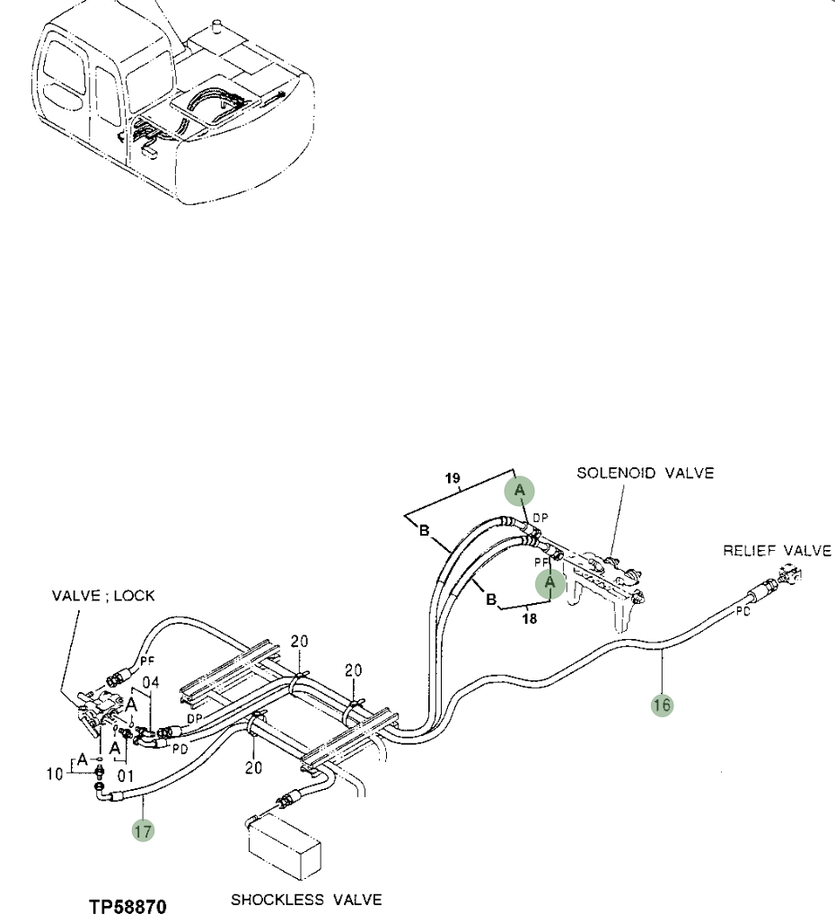 Hitachi EX110-5 installation diagram showing hydraulic hose 4659381 at Pipe No. 17