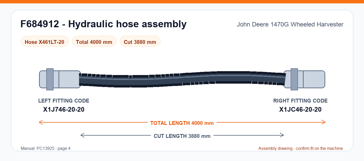 F684912 hydraulic hose assembly drawing for John Deere 1470G Wheeled Harvester - 4,000 mm total length, left fitting X1J746-20-20, right fitting X1JC46-20-20