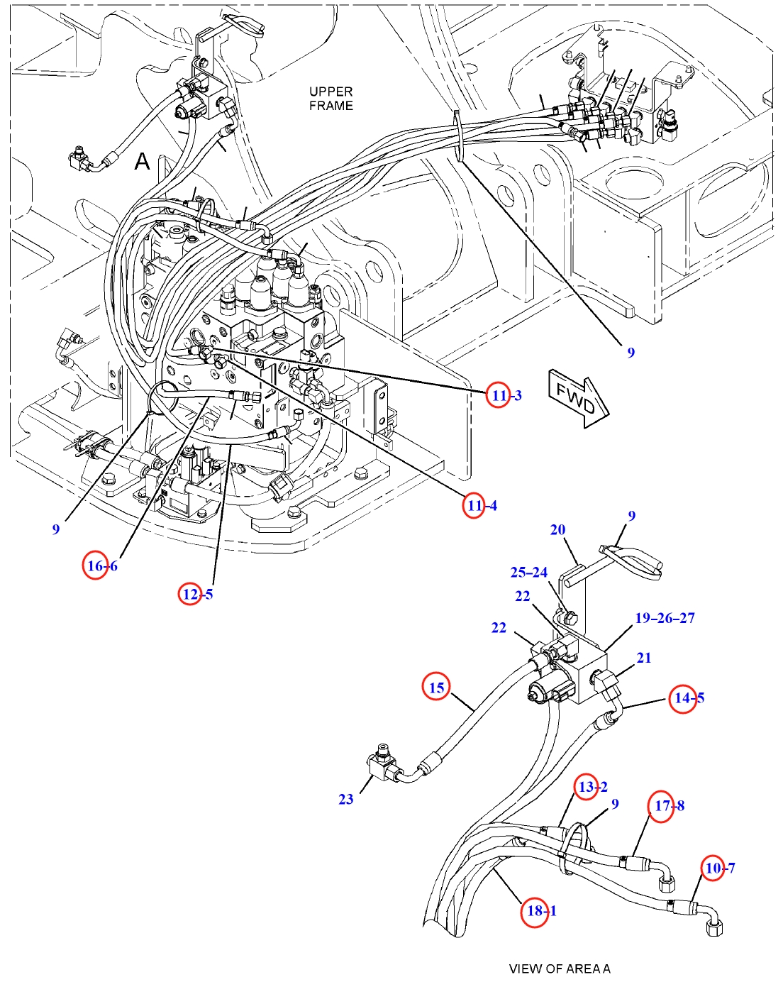 Caterpillar CAT®314E LCR installation diagram showing hydraulic hose 319-9976 at Pipe No. 16