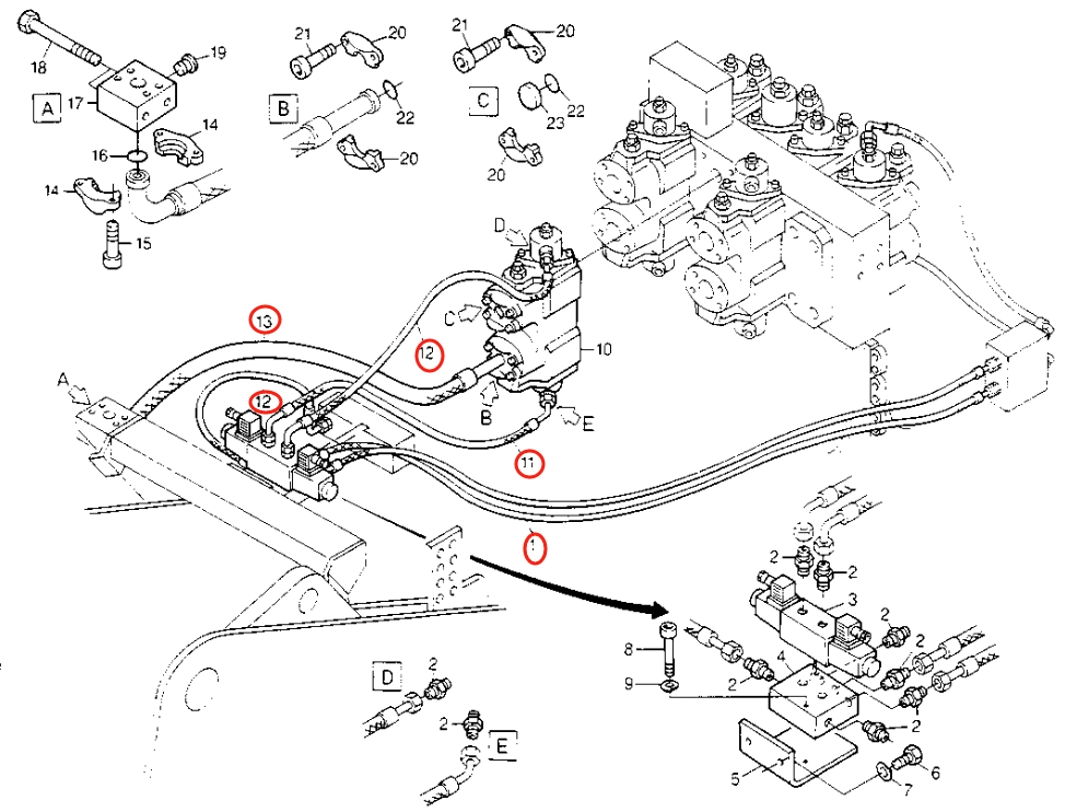 Caterpillar CAT®214B installation diagram showing hydraulic hose 8U-0347 at Pipe No. 1