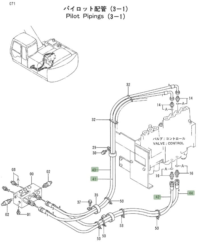 Hitachi EX200LC-2 installation diagram showing hydraulic hose 4263611 at Pipe No. 42