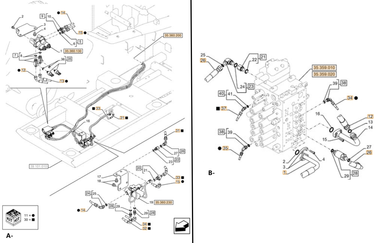 Case CX380D LC installation diagram showing hydraulic hose KHJ14650 at Pipe No. A33
