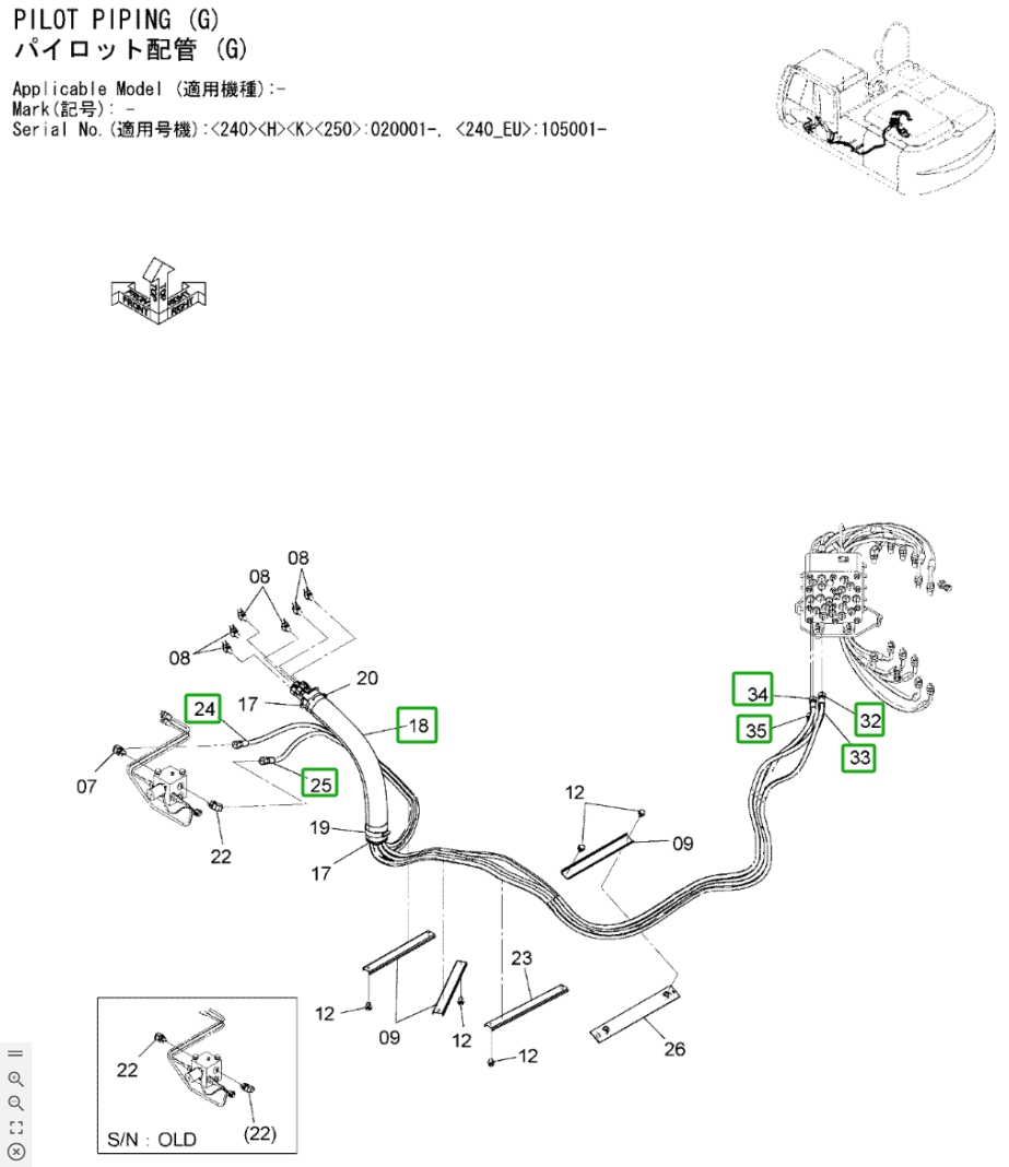 Hitachi ZX240LC-3 installation diagram showing hydraulic hose 4639632 at Pipe No. 24