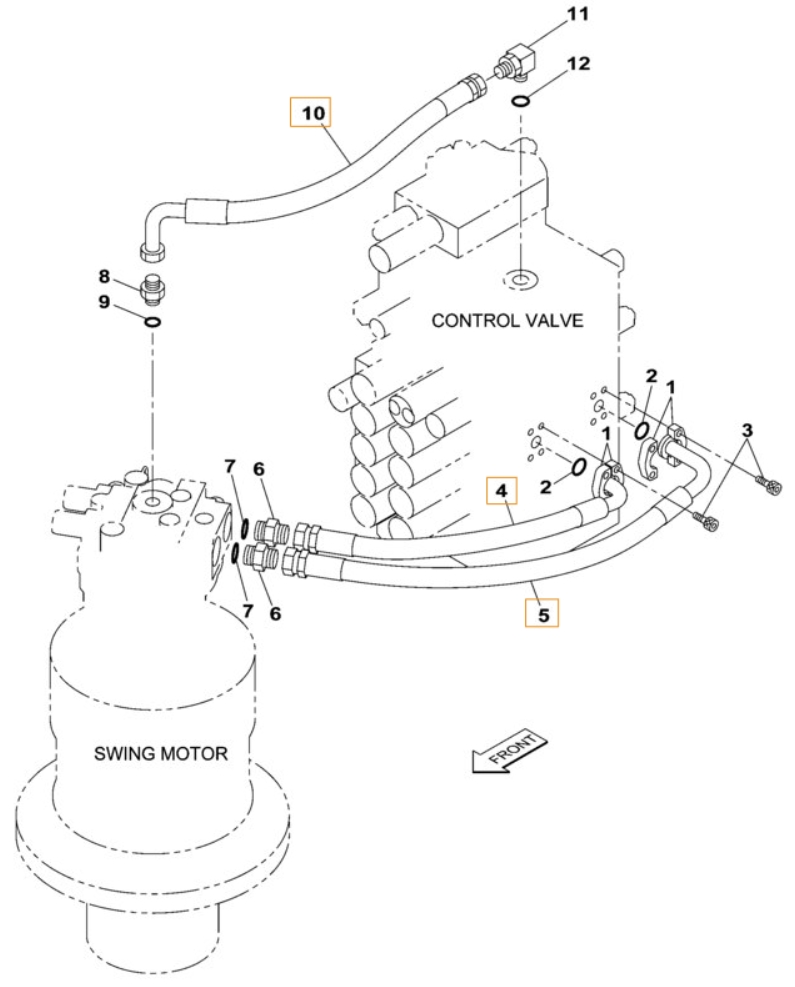 Case CX230B installation diagram showing hydraulic hose KRJ10750 at Pipe No. 10