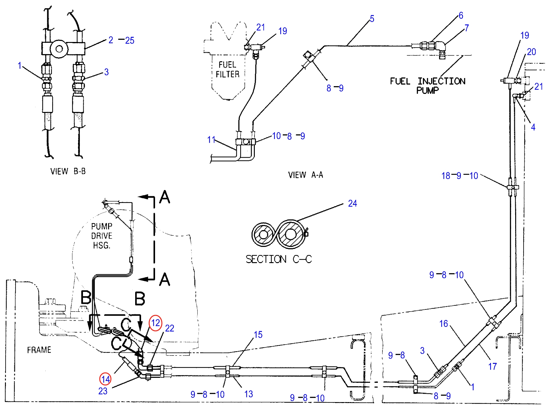 Caterpillar CAT®245D installation diagram showing hydraulic hose 2V-8647 at Pipe No. 14