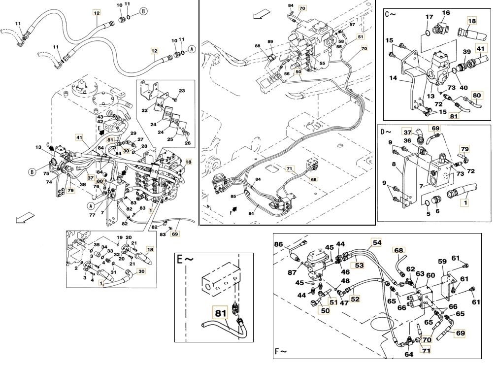 Case CX160B installation diagram showing hydraulic hose KHJ2085 at Pipe No. 53