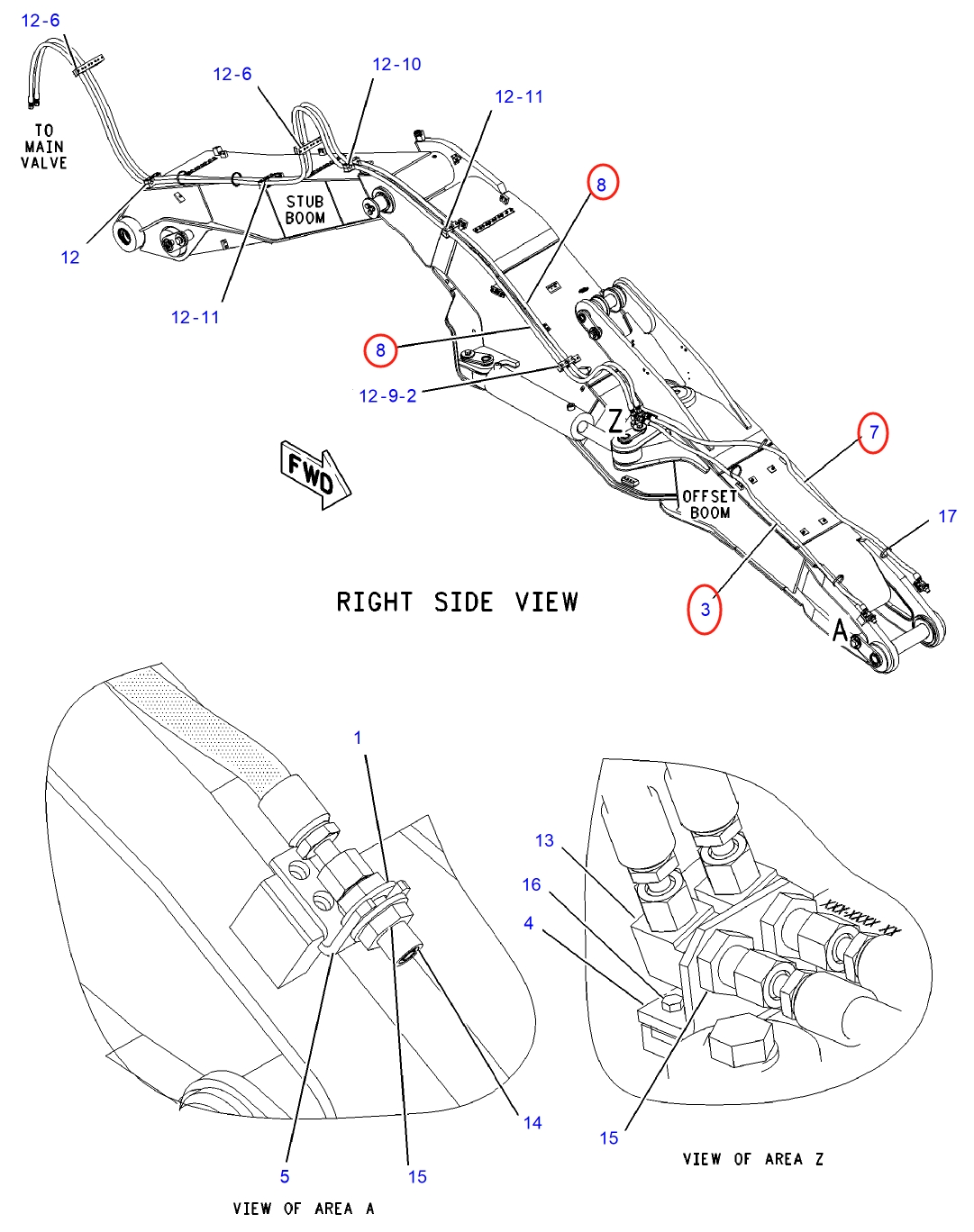 Caterpillar CAT®M312 installation diagram showing hydraulic hose 149-0197 at Pipe No. 3