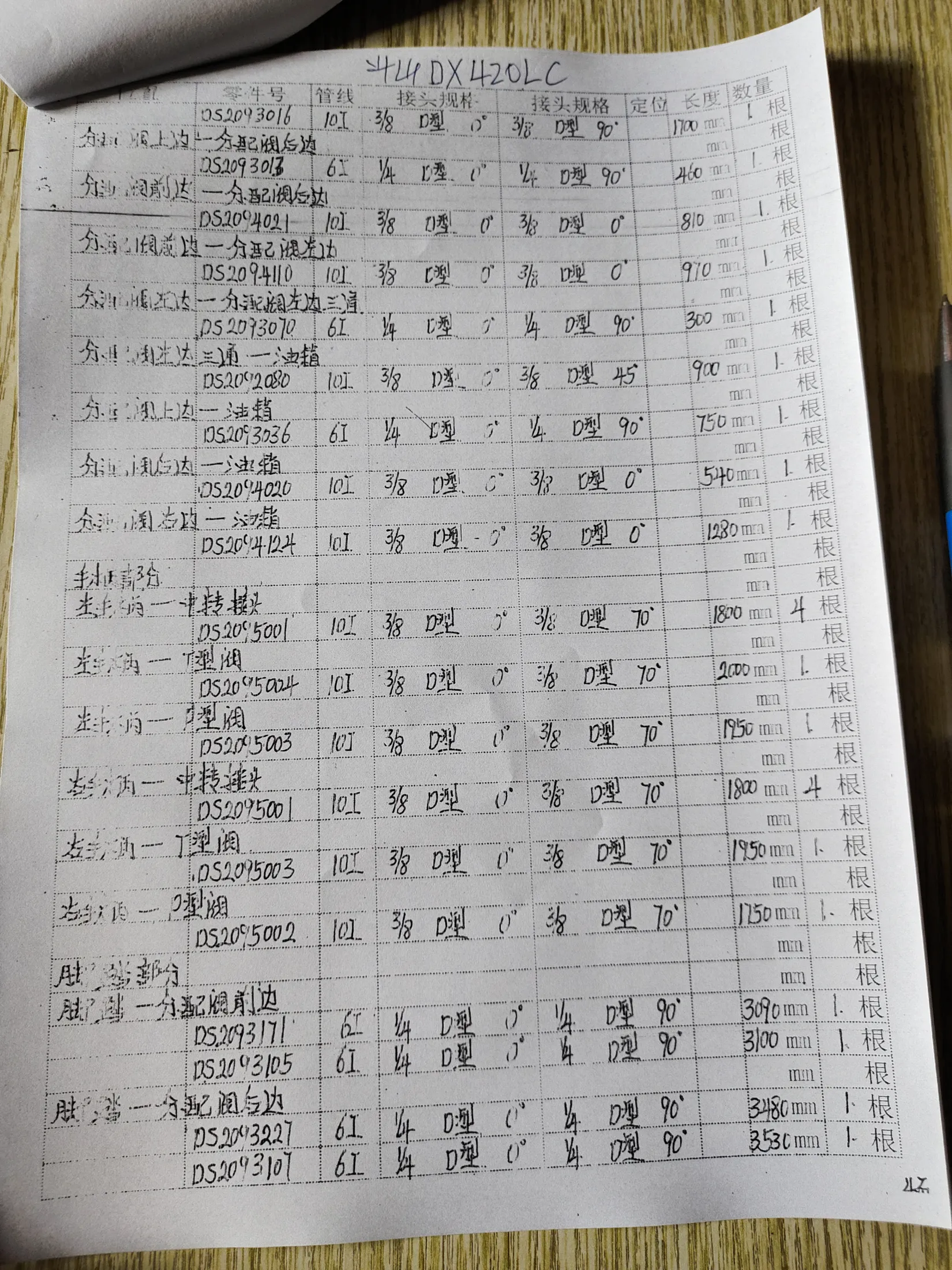 Doosan DX420LC hydraulic hose part numbers and recorded lengths — technician notebook page 4 of 5
