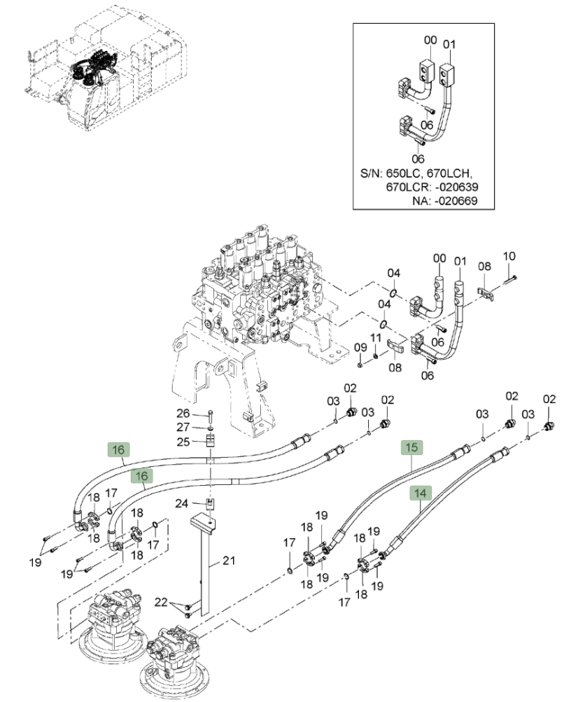 Hitachi ZX650LC-3 installation diagram showing hydraulic hose 4331603 at Pipe No. 16