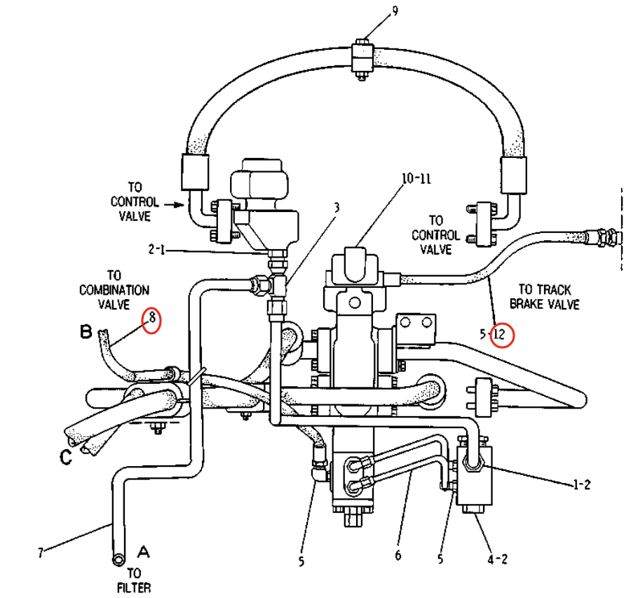 Caterpillar CAT®215B installation diagram showing hydraulic hose 5C-6616 at Pipe No. 8