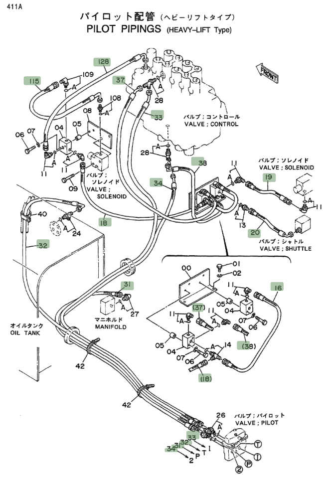 Hitachi EX400LC installation diagram showing hydraulic hose 4218061 at Pipe No. 115