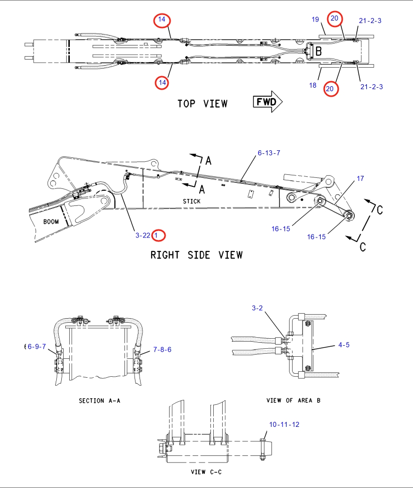 Caterpillar CAT®318C installation diagram showing hydraulic hose 173-3789 at Pipe No. 14