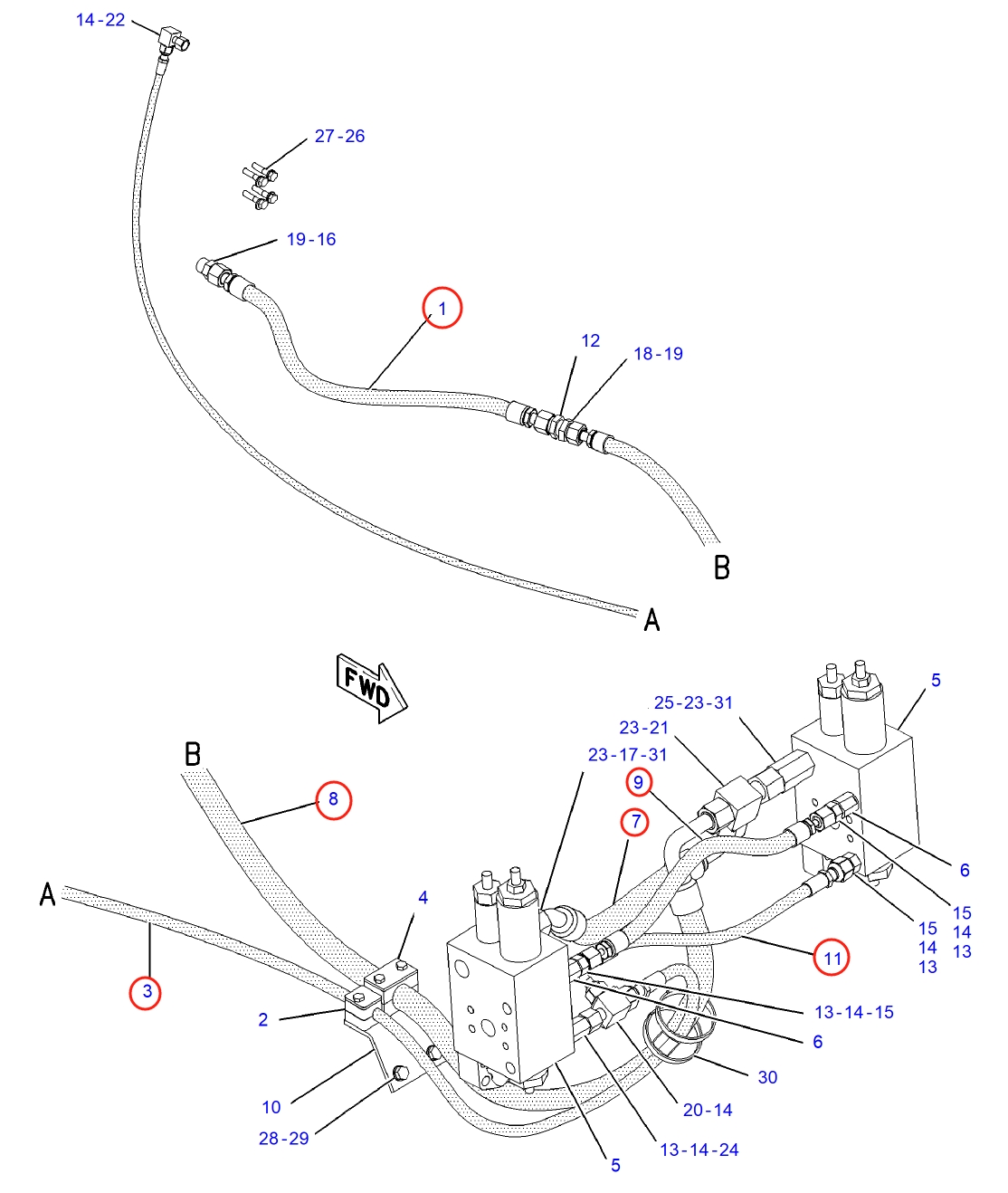 Caterpillar CAT®M312 installation diagram showing hydraulic hose 151-0128 at Pipe No. 9