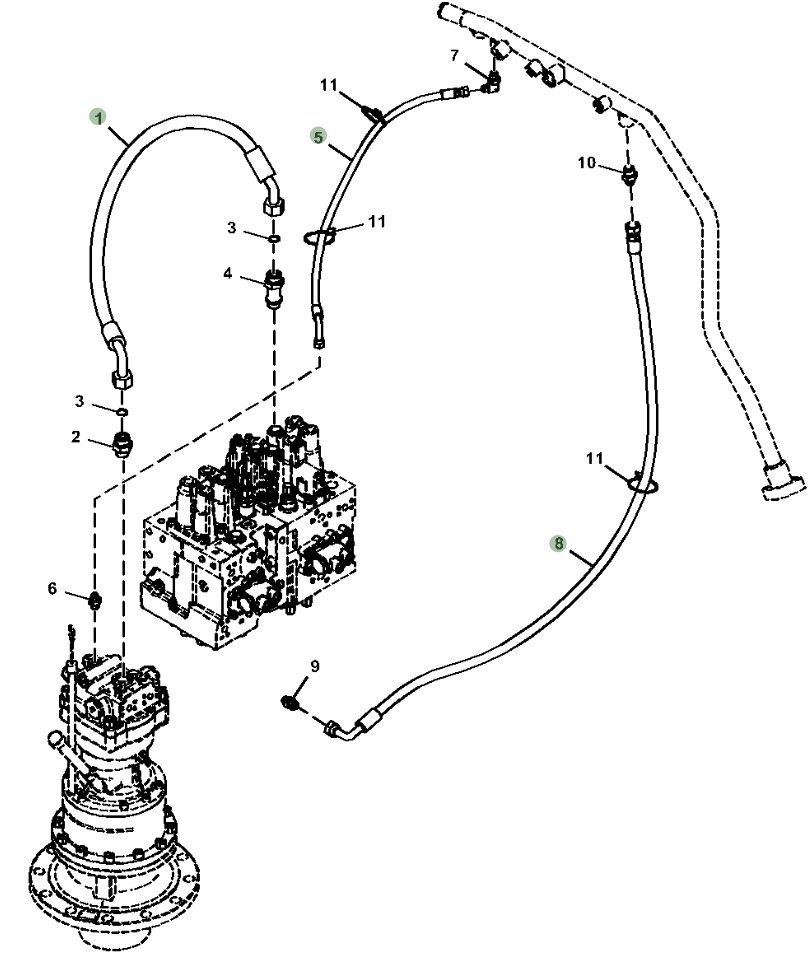 Hitachi ZX130-6N installation diagram showing hydraulic hose 4721465 at Pipe No. 1
