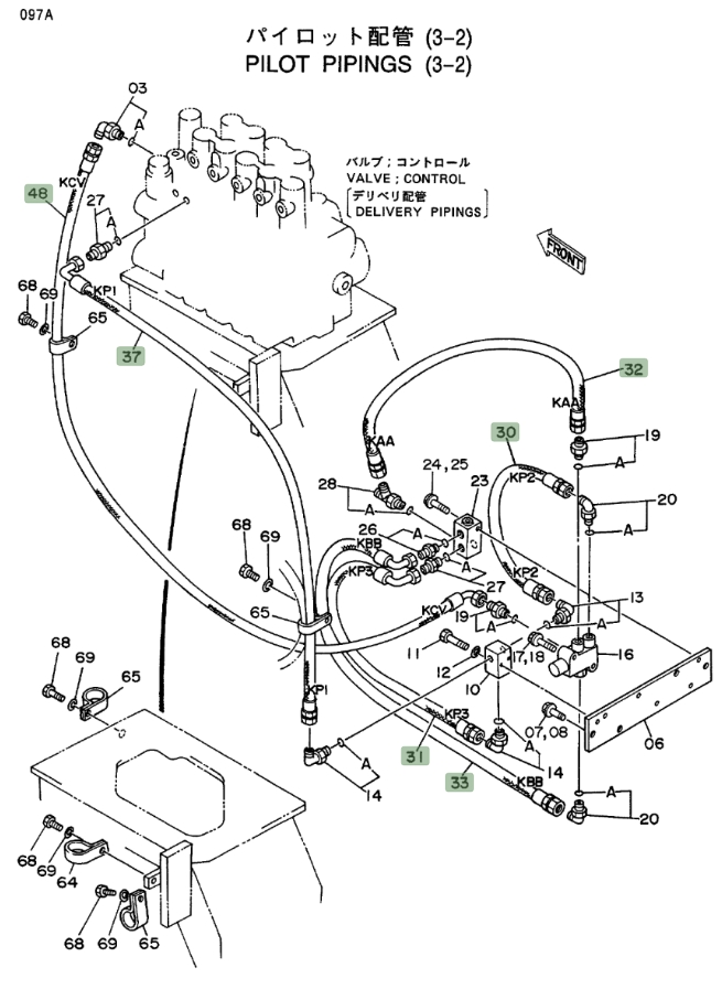 Hitachi EX400LC installation diagram showing hydraulic hose 4223552 at Pipe No. 48