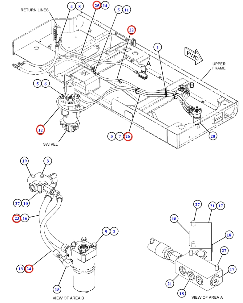 Caterpillar CAT®M315F installation diagram showing hydraulic hose 390-4913 at Pipe No. 22