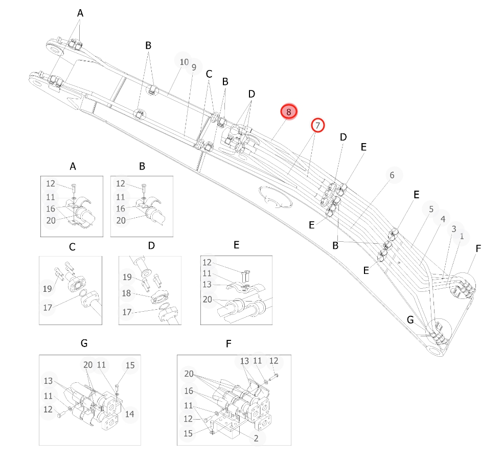 Sunward SWE470E-3 installation diagram showing hydraulic hose 730501004542 at Pipe No. 7
