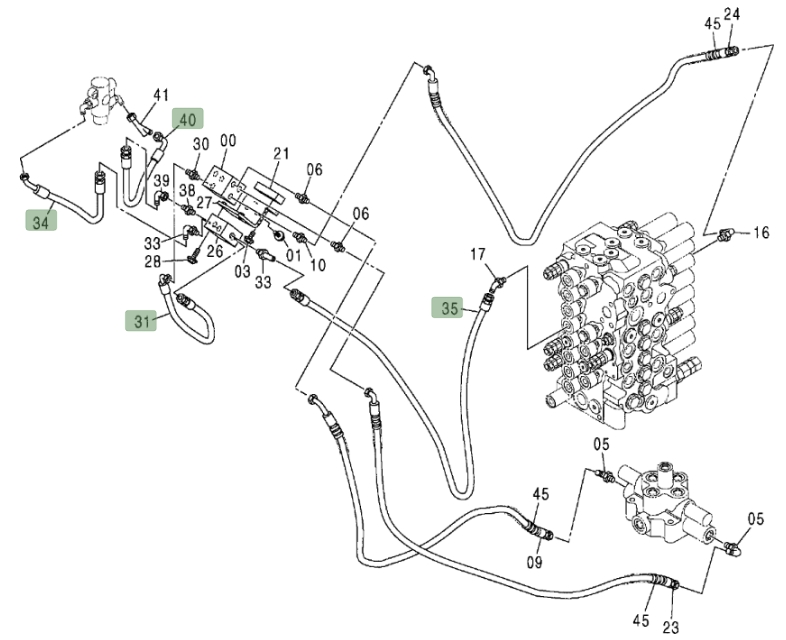 Hitachi ZX75US installation diagram showing hydraulic hose 4451090 at Pipe No. 35
