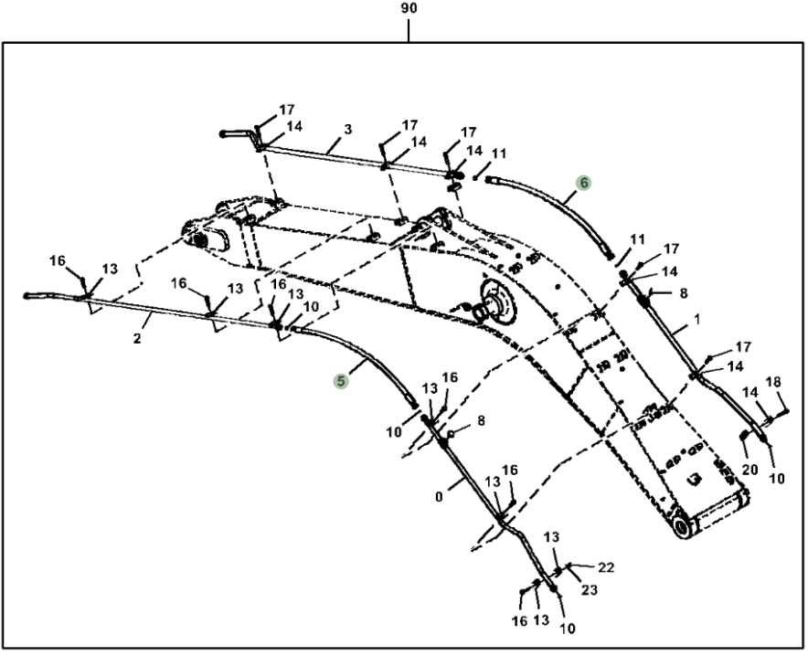 Hitachi ZX160LC-6N installation diagram showing hydraulic hose 4649213 at Pipe No. 6