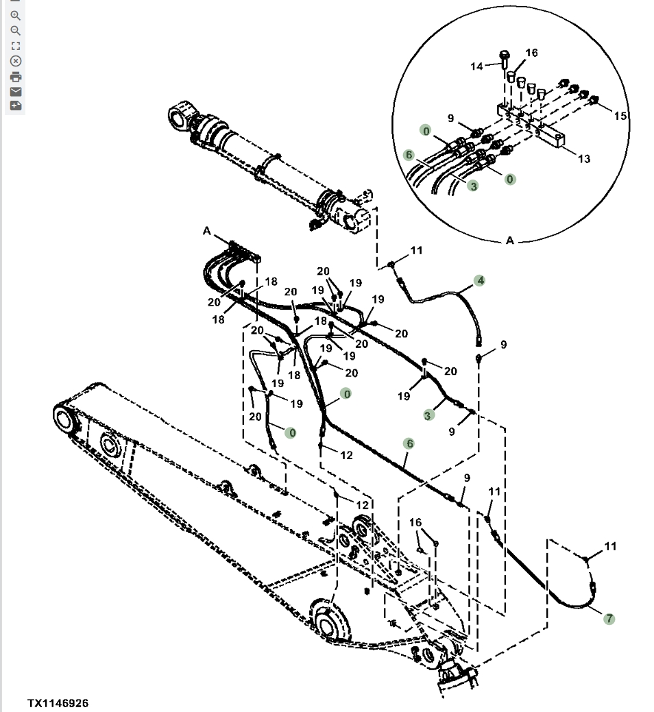 Hitachi ZX870LC-5B installation diagram showing hydraulic hose 4634395 at Pipe No. 4