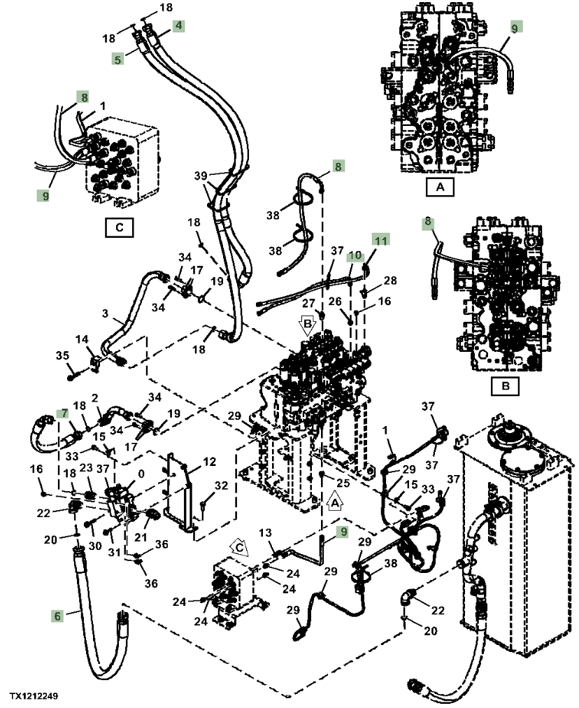 Hitachi ZX245USLC-6N installation diagram showing hydraulic hose 4269834 at Pipe No. 9