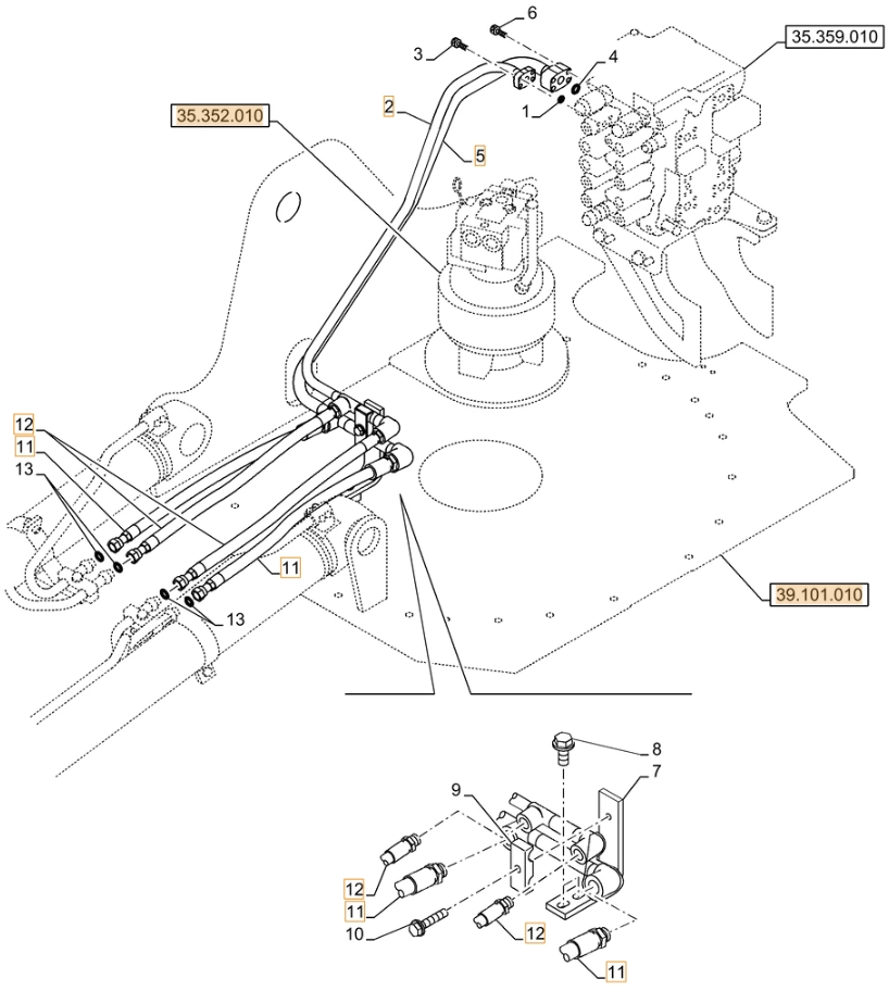 Case CX130D installation diagram showing hydraulic hose KLJ10660 at Pipe No. 11