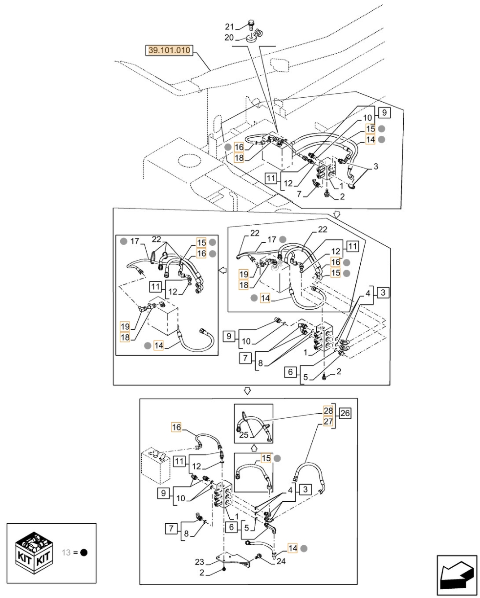 Case CX210D LC LR installation diagram showing hydraulic hose KHJ1168 at Pipe No. 27